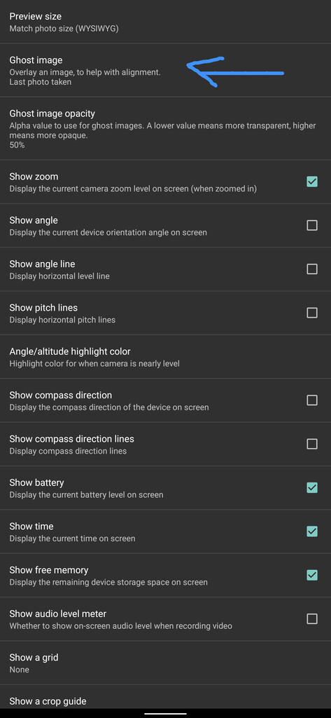 A screenshot showing the Ghost image setting in Open camera.