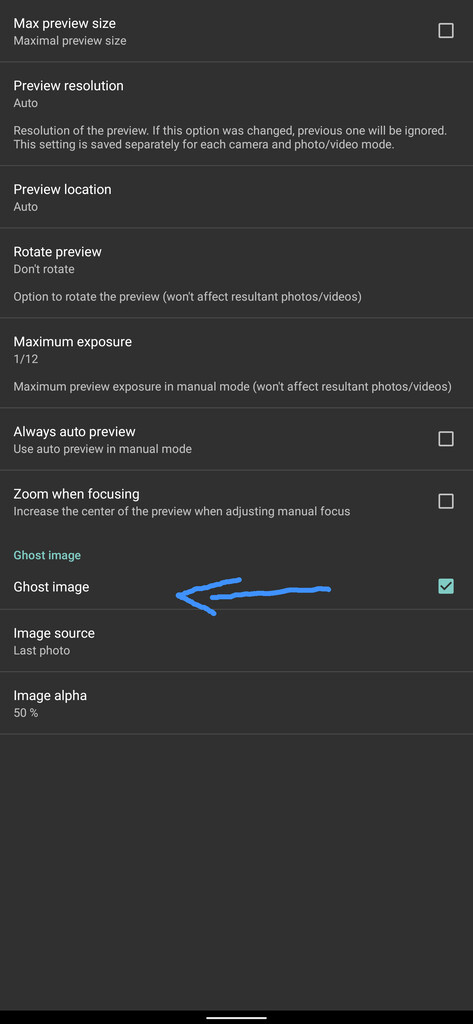 A screenshot showing the Ghost image setting in Hedgecam 2