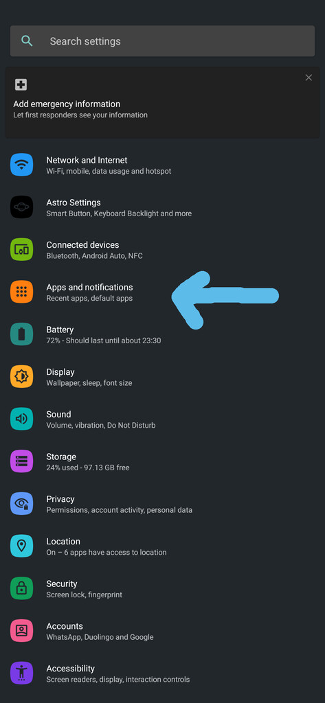 A screenshot Android system settings with an arrow pointing to Apps and notifications.