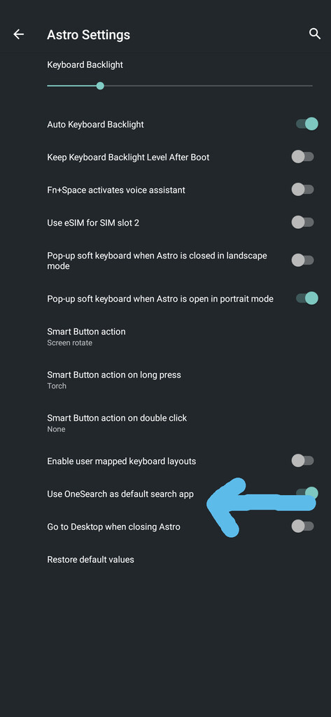 A screenshot of the OneSearch setting in the Astro Settings.