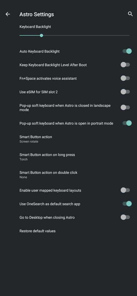 A screenshot of the Astro settings options.