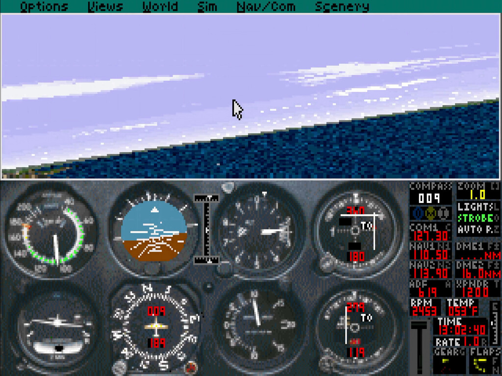 A screenshot of an old dos game. Importantly the horizon is tilted slightly, causing it to have regular distortions.