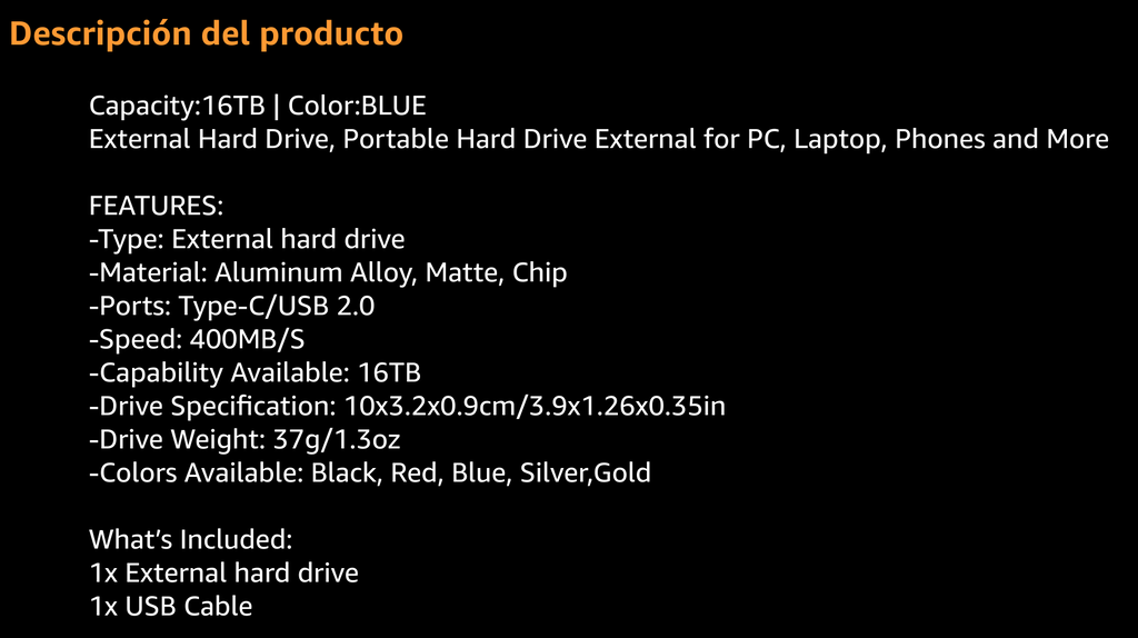 A screenshot of the detailed specifications of the product.