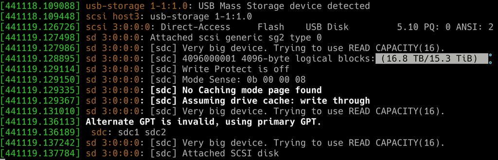 A screenshot of the device reporting its capacity to the OS.