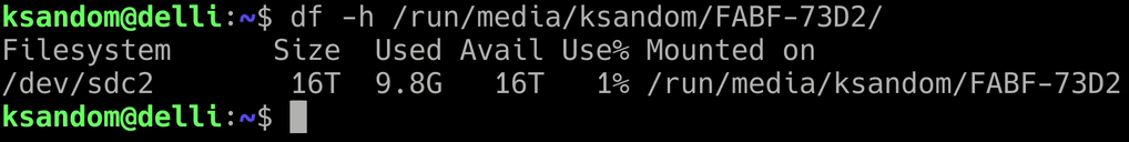 A screenshot of the filesystem reporting 16TB.