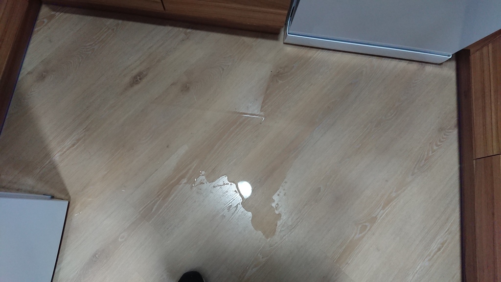 Water on the kitchen floor that came in via an open window.